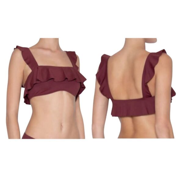 Eberjey Jane Solid Port Ruffle Sleeve Bikini Top‎ Swimsuit Burgundy Red Large - Picture 1 of 11
